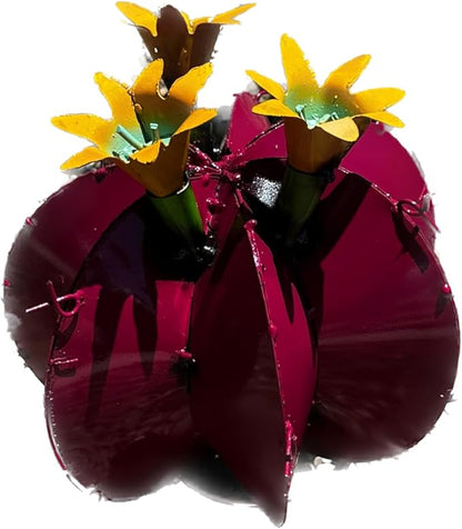 Handmade Metal Bisnaga Cactus with Flowers - Garden Art Decor (Pink)