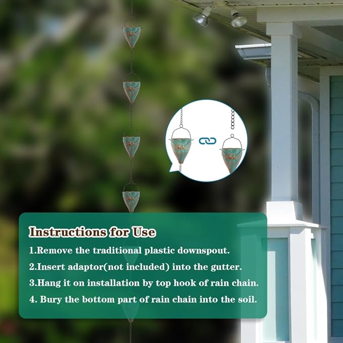 10 FT Rain Chain for Outside with 10 Bee Pattern Cups, Unique Hot Air Balloon Solar Lantern with Flickering Flame, Outdoor Decorative for Patio, Garden, Porch