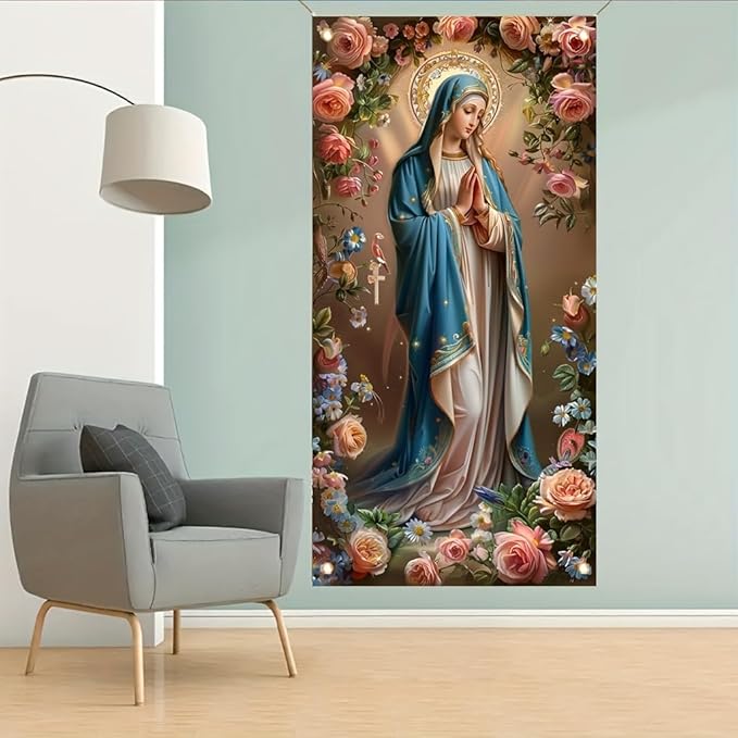 Virgin Mary Door Cover Banner Religious Floral 71x35 Inch Holy Mother Door Sign for Front Door Prayer Room Church Door Cover for Easter Christmas Spiritual Home Decor