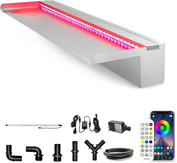 LONGRUN 90cm Pond Waterfall Blade,Stainless Steel Pool Fountain with RGB Bluetooth LED Light, Complete Waterfall & Stream Kits for Outdoor Water Features