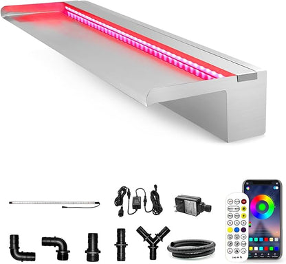 LONGRUN 90cm Pond Waterfall Blade,Stainless Steel Pool Fountain with RGB Bluetooth LED Light, Complete Waterfall & Stream Kits for Outdoor Water Features