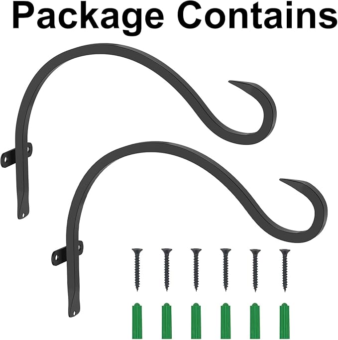 12 Inch Heavy Duty Plant Hanger Wall Hook 2 Pack - Black Iron Hanging Plant Bracket Holds 44 lbs - Rust Resistant Indoor Outdoor Hooks for Bird Feeders Lanterns Wind Chimes Hanging Baskets with Screws