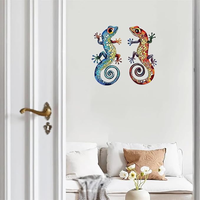 2Pcs Gecko Metal Sign Wall Art Indoor Outdoor Decor,Set of 2 Geckos Ornament Silhouette Bedroom Hanging Gifts for Birthday Housewarming,Lizard Decorate for Balcony Fence Garden Yard Patio Farmhouse