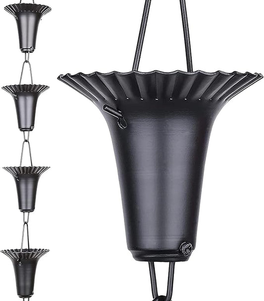 RainChains Pacific Fluted Cup Rain Chain 8.5ft Black Aluminum Rain Catcher Chain Decorative Rain Chains for Gutters.