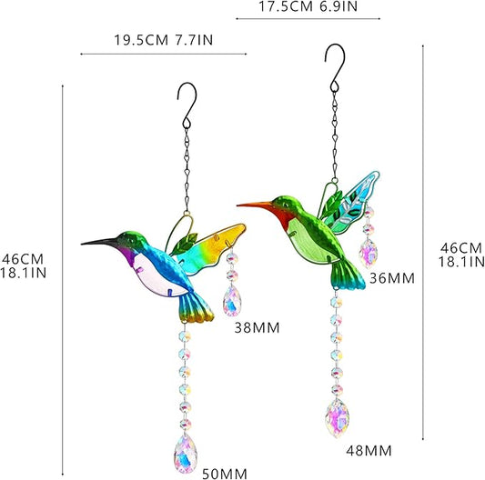 YU FENG 2PCS 18.1" Hummingbird Suncatchers,Stained Glass Window Hanging Ornament for Christmas Tree,Rainbow Maker Crystal Prism Suncatcher Outdoor Indoor Home Garden Party Decoration