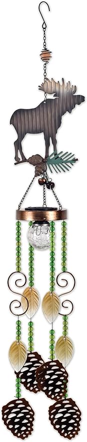 Sunset Vista Designs Wildlife Windchimes - Solar Lighted Wind Chime Indoor Outdoor, 33" Long, Moose
