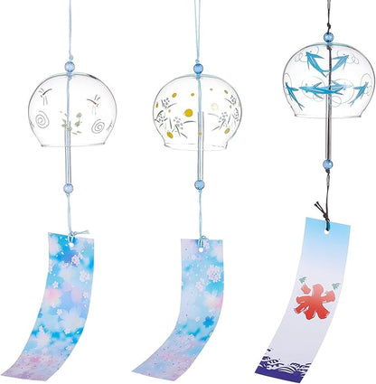 BENECREAT 3Pcs 3 Style Animal Pattern Japanese Wind Chimes, Light Sky Blue Glass Wind Bells Handmade Pendants for Birthday Gift and Home Decors