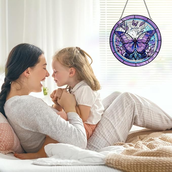 Butterfly Sun Catcher Stained Glass Window Hanging - Purple Butterfly Sun Catchers Wall Art Glass Panel - Handmade Suncatchers for Doors Home Garden Decor - Mothers Day Birthday Gifts for Mom Grandma
