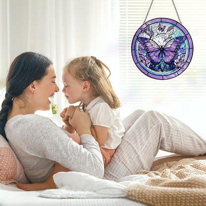 Butterfly Sun Catcher Stained Glass Window Hanging - Purple Butterfly Sun Catchers Wall Art Glass Panel - Handmade Suncatchers for Doors Home Garden Decor - Mothers Day Birthday Gifts for Mom Grandma