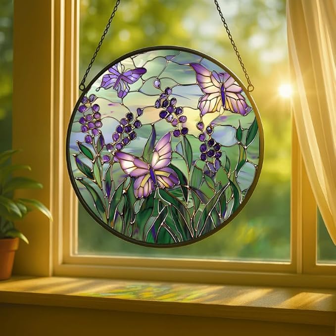 Purple Berries and Butterflies Stained Glass Window Hanging Panel – 11.8in Floral Nature Suncatcher Wall Art for Home Window Decor and Gift