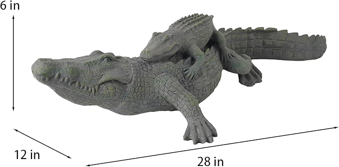 DiliComing Outdoor Alligator Statue Garden Decor - 28 Inch Realistic Resin Crocodile Garden Statues Mother & Baby Alligator Sculpture for Yard Lawn Beach Pool Decorations Gator Gifts