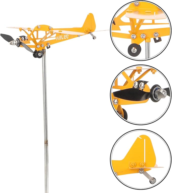 Metal Airplane Wind Spinner Outdoor Garden Decoration Yellow Small 28x18cm Iron Art Weather Vane Patio Yard Sculpture