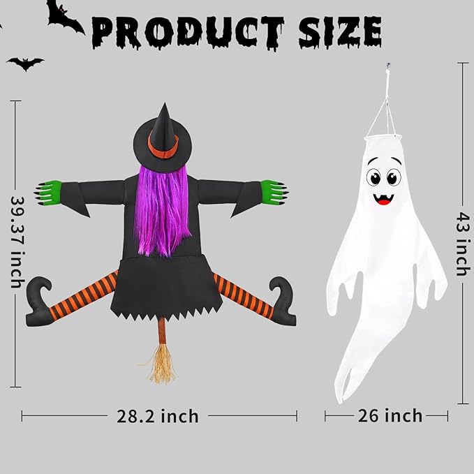 Crashing Witch into Tree Halloween Outdoor Decoration with 2 Pack 43‘’ Hanging Ghost Light Up Ghost Decorations, Halloween Decor for Yard Garden Porch