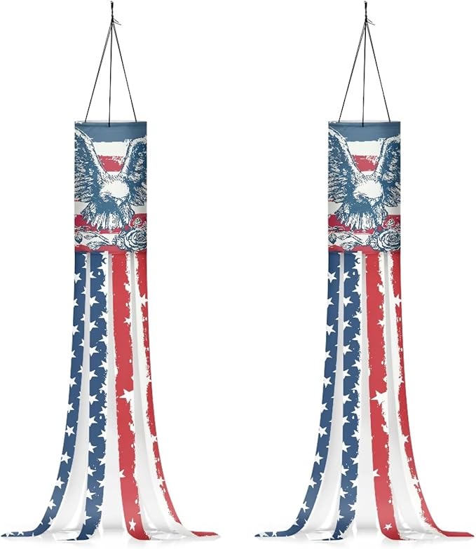 Jeiento 40 Inch American Flag with Eagle Windsock Flag 2 Pack 250 Years Anniversary Windsock Flags Banners for Home Yard Garden Outdoor Hanging Independence Day Decoration