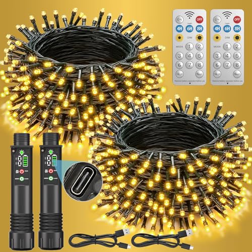 Rechargeable String Lights 66ft 200LED - Warm White, Waterproof