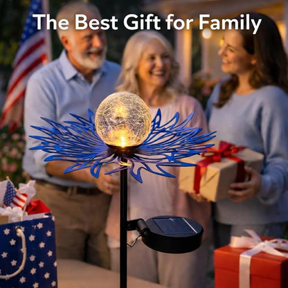 Solar Lights Outdoor Garden Decor, Metal Flower Crackle Glass Globe Solar Stake Lights, Waterproof LED Yard Decorations for Patio, Lawn, Pathway, Landscape Gifts for Women Mom(Blue)