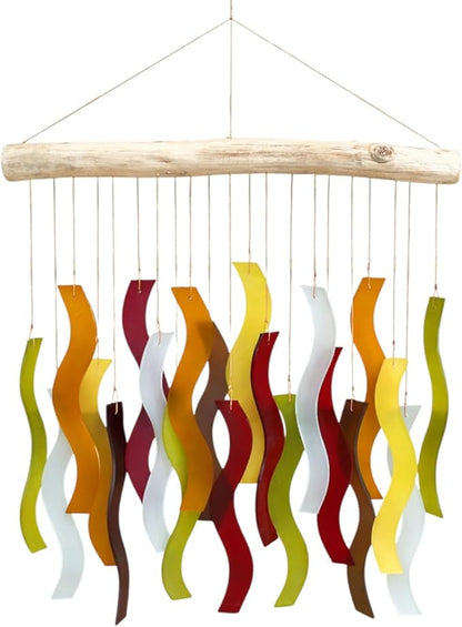 OMA Glass Wind Chime – Handmade Recycled Glass & Driftwood Chime for Garden Patio Decor – Multi Color Hanging Chime for Garden, Patio Or Indoor Decor Sun Catcher Gift - Large 20"