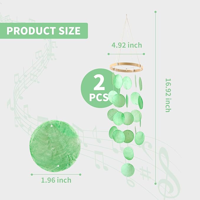 2 Pack Capiz Wind Chimes for Outside, Outdoor Seashell Hanging Beach Coast Ocean Home Decorative, Unique Natural Shell Waterfall Windchimes for Summer Patio, Great Memorial Sympathy Gift（Green）