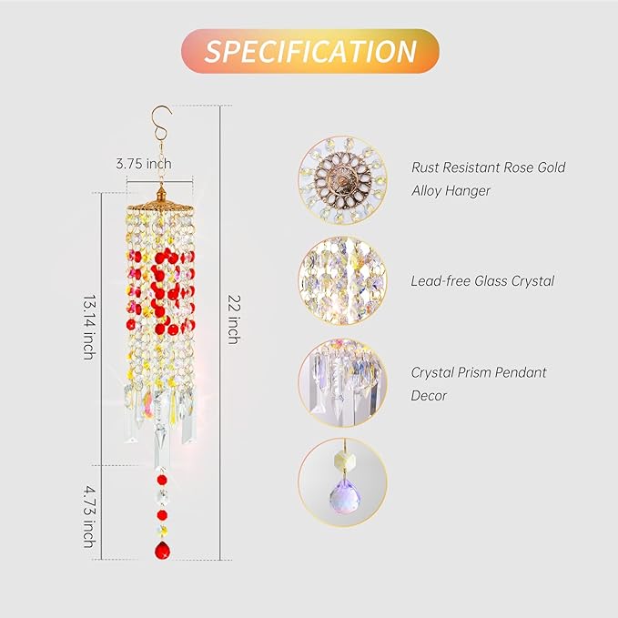 Crystal Wind Chimes for Outside with Rainbow Light Reflections Glass Bells and Rose Gold Alloy Hooks Indoor Outdoor Decor for Home Garden Patio Porch Birthday House Warming (Red-Love)