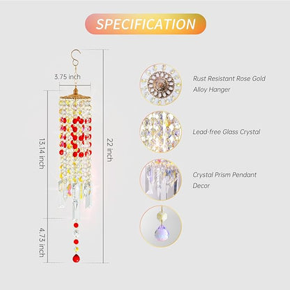 Crystal Wind Chimes for Outside with Rainbow Light Reflections Glass Bells and Rose Gold Alloy Hooks Indoor Outdoor Decor for Home Garden Patio Porch Birthday House Warming (Red-Love)