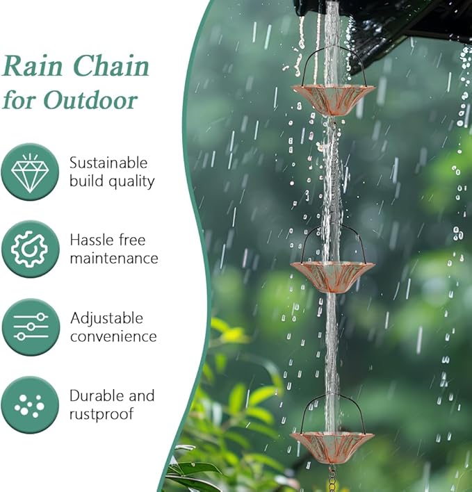 10 FT Lotus Rain Chain, Rain Chains for Gutters with 12 Bronze Cups, Adjustable Rain Catcher Chain with Bell for Eaves Drainage, Replacement for Downspout