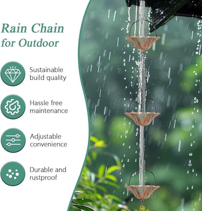 10 FT Lotus Rain Chain, Rain Chains for Gutters with 12 Bronze Cups, Adjustable Rain Catcher Chain with Bell for Eaves Drainage, Replacement for Downspout