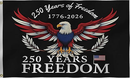250 Years Of Freedom Blue Flags 5X8Ft, 250th Birthday Flag, Men Women Banner,Vibrant Colors, Double Stitched with 2 Brass Grommets, Bar Garden Street Decoration, GYM, Office Decor,Indoor Outdoor Use,Gifts. (Black, 5x8ft)