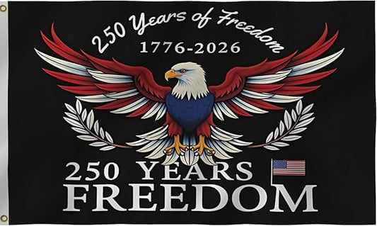250 Years Of Freedom Blue Flags 2X3Ft, 250th Birthday Flag, Men Women Banner,Vibrant Colors, Double Stitched with 2 Brass Grommets, Bar Garden Street Decoration, GYM, Office Decor,Indoor Outdoor Use,Gifts. (Black, 2x3ft)