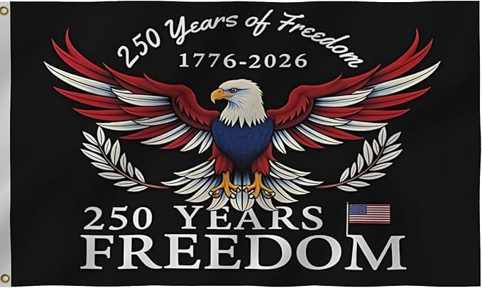250 Years Of Freedom Blue Flags 4X6Ft, 250th Birthday Flag, Men Women Banner,Vibrant Colors, Double Stitched with 2 Brass Grommets, Bar Garden Street Decoration, GYM, Office Decor,Indoor Outdoor Use,Gifts. (Black, 4x6ft)