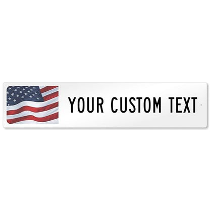 SmartSign White Custom Street Sign with USA Flag Background - 4" x 18", Aluminum, Personalized Street Sign, Outdoor Metal Sign for Home, Office, Decor, Room, USA-Made