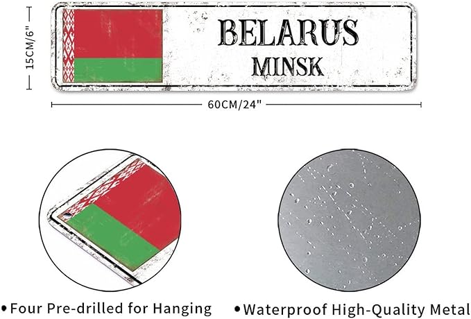 Personalized Belarus Street Sign Belarus Flag Signs Capital City of Belarus Metal Sign Road Vintage Metal Rustic Wall Art Country City Indoor & Outdoor Decor for Home Man Cave Door Porch 24x6in
