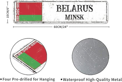 Personalized Belarus Street Sign Belarus Flag Signs Capital City of Belarus Metal Sign Road Vintage Metal Rustic Wall Art Country City Indoor & Outdoor Decor for Home Man Cave Door Porch 24x6in