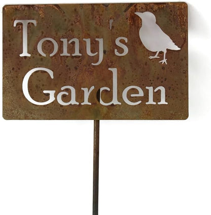Classic Metal Garden Markers Clearance Items 20 to 33 Inches Tall (Tony's Garden w/bird 21", Naturally Rusted)