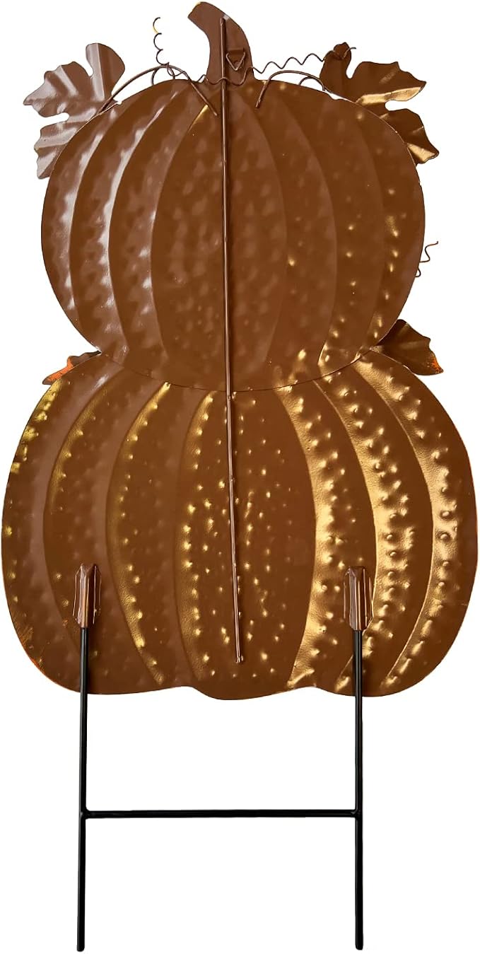 Rustic Metal Stacked Pumpkin Garden Stake Indoor Outdoor Welcome Decoration Hanging Metal Double Pumpkins Yard Signs for Fall Harvest Decor Thanksgiving Halloween Lawn Decoration