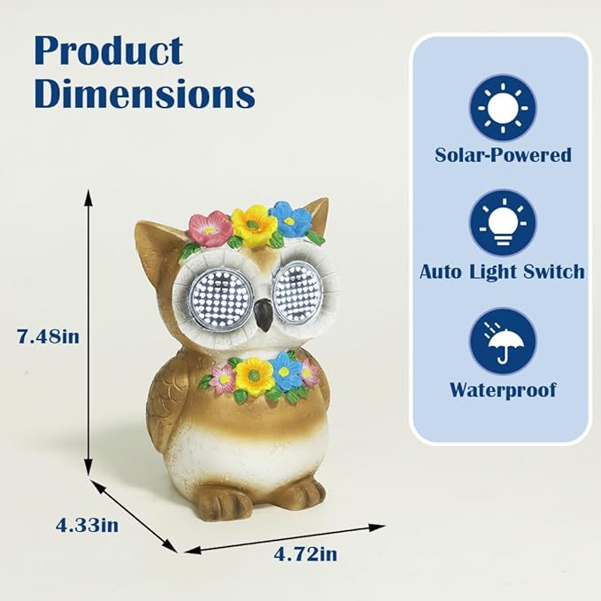 Solar Garden Statue with LED Lights, Dynamic Blinking Lights and Flowers, Outdoor Garden Figurine for Patio Porch Lawn Backyard Decor, Housewarming Gifts for Women (Owl)