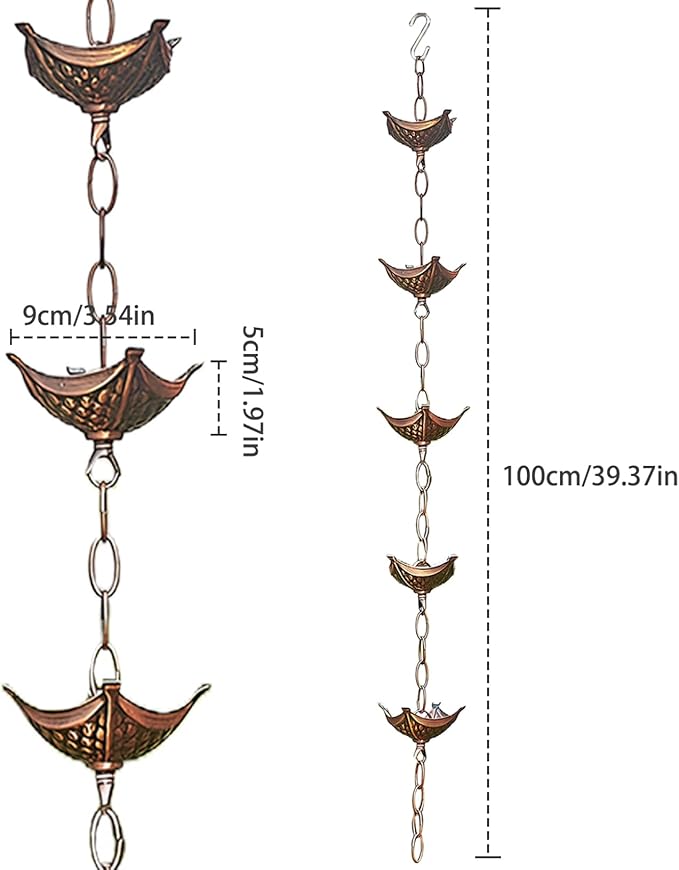Rain Chain Copper Imitation for Gutters 3.3ft with 5 Cups Easy Install Catcher Outside Courtyards Replacement Downspout B