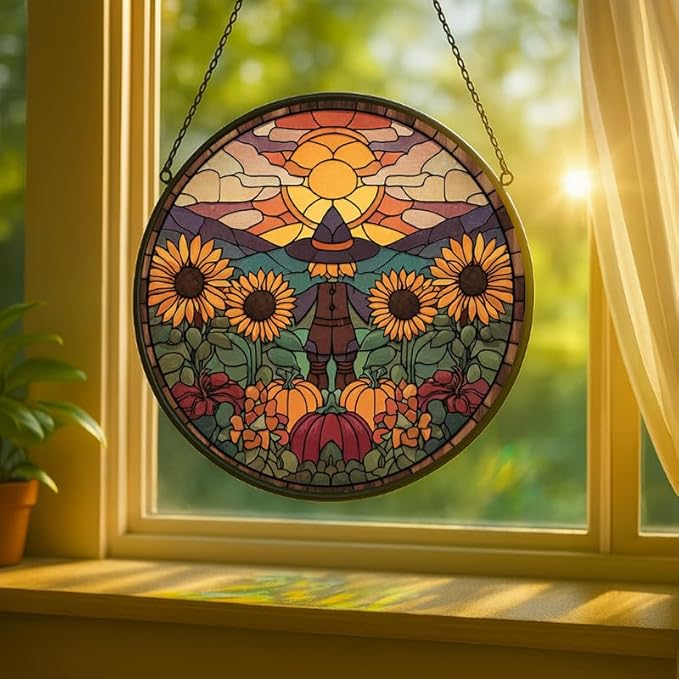 Stained Glass Window Hanging Scarecrow Sunflower and Pumpkin Sun Catchers Panel for Indoor Decorative Display for Mom, Wife, Lovers, Festive