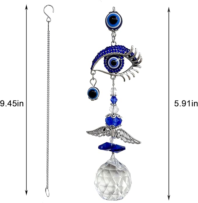 Crystal Suncatcher for Windows - Hanging Prism Sun Catchers with Crystal Balls&Blue Eye, Rainbow Maker for Home、 Garden、Car Decor (Evil Eye)