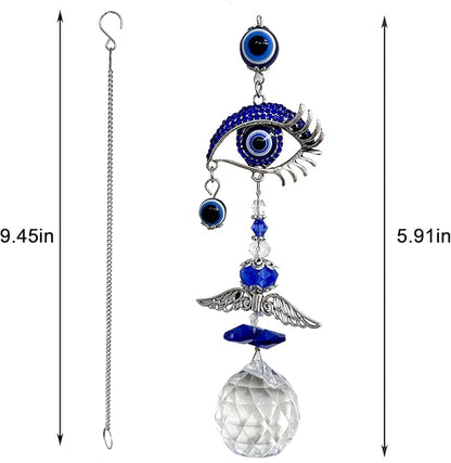 Crystal Suncatcher for Windows - Hanging Prism Sun Catchers with Crystal Balls&Blue Eye, Rainbow Maker for Home、 Garden、Car Decor (Evil Eye)