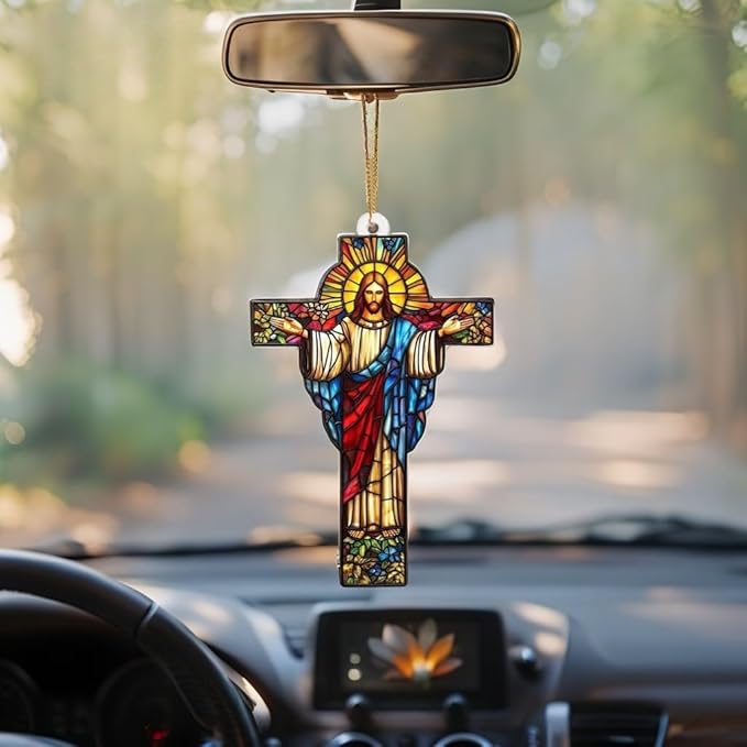 Stained Glass Jesus Cross Car Hanging Ornament – Acrylic Rearview Mirror Charm, Christian Cross Sun Catcher for Car or Home, Inspirational Religious Gift for Men & Women(Sun-29)