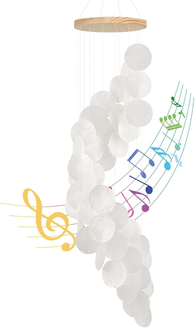 Seashell Wind Chimes for Outside - Handcrafted White Spiral Shape Capiz Shells Windchime Coastal Style Decor for Indoor/Outdoors, Garden & Beach Hanging Decor for Wind Chimes Lovers and More