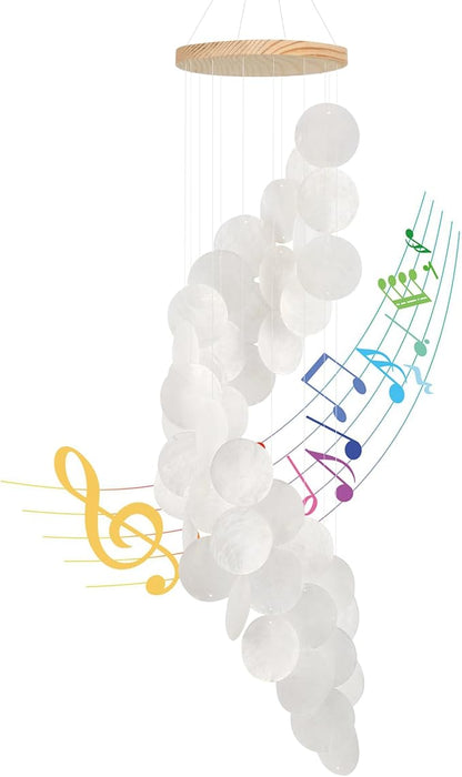 Seashell Wind Chimes for Outside - Handcrafted White Spiral Shape Capiz Shells Windchime Coastal Style Decor for Indoor/Outdoors, Garden & Beach Hanging Decor for Wind Chimes Lovers and More