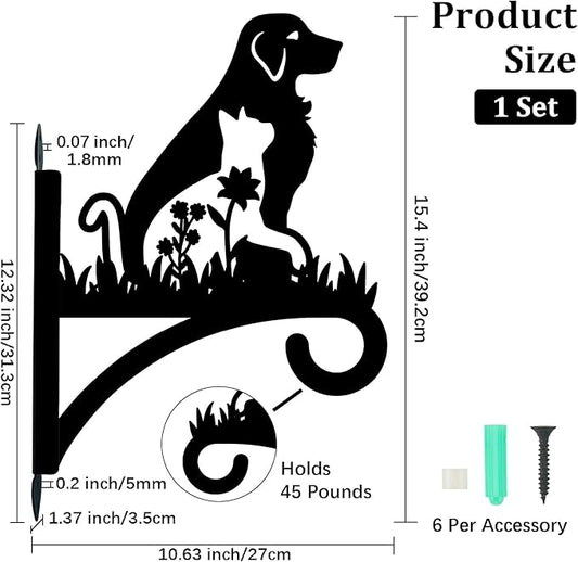 Dog Plant Hanger Bracket Iron Plant Brackets 10.6 x 13.9 Inch Black Flower Cat Dog Silhouette Indoor Outdoor Decorative Basket Wall Mounted Hanging Hooks for Porch Garden Wind Chime Lantern