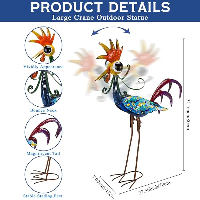 Metal Wacky Rooster Garden Statue, 31.5'' Rooster Decor Yard Statue Decorations Outdoor, Chicken Yard Art for Outside, Patio, Backyrad, Lawn(Royal Blue)