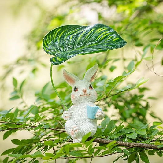 A Waterproof Resin Animal Decorative Statue in The Little Rabbit Garden with an Umbrella Sitting Upright (White)