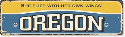 SmartSign 4 x 14 inch Oregon State Vintage Metal Sign “She Flies With Her Own Wings”, 40 mil Rustproof Aluminum with Clear Overcoat, Retro Wall Décor, Multicolor, Made in USA