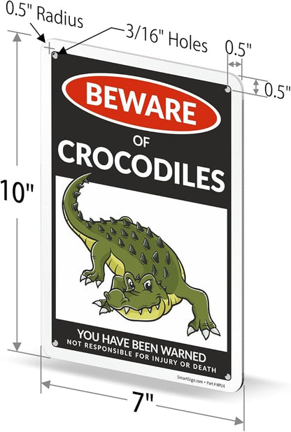 SmartSign Beware Of Crocodiles Warning Sign - 10"x7", 40 mil Laminated Rust-free Aluminum - Metal Signs for Wall Decor, Outdoors, Patio, Gifts, Cafe - Crocodile Theme, Made in USA