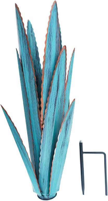 Metal Agave Plants Outdoor Decor with Stake, Rustic Metal Cactus Yard Art, Waterproof Yard Sculpture Outdoor for Garden Patio Lawn Home Decor, Blue, Small, Sculpture