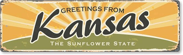 SmartSign 4 x 14 inch Greetings From Kansas State Vintage Metal Sign “Sunflower State”, 40 mil Rustproof Aluminum with Clear Overcoat, Retro Wall Décor, Multicolor, Made in USA