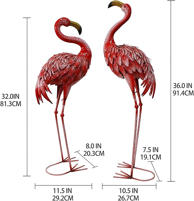 32-36 Inch Yard Flamingos Garden Statues, Metal Flamingo Outdoor Decor, Vibrant Flamingo Statues for Lawn, Backyard, Porch, Patio, Set of 2